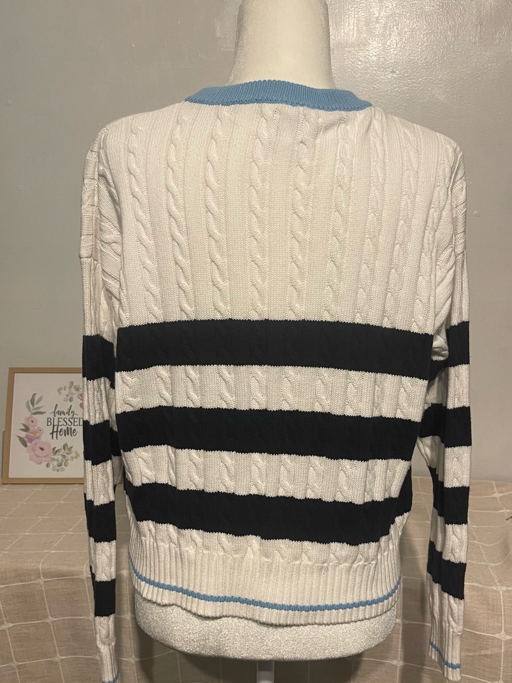 all in motion White Cable-Knit Sweater with Light Blue Trim - Picture 4 of 9